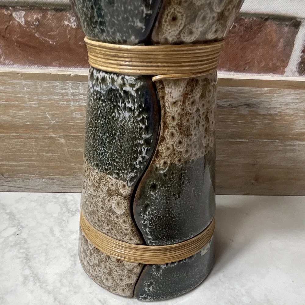 Art Pottery Ceramic Vase Brown Gray Beige Textured Divided Rim 10